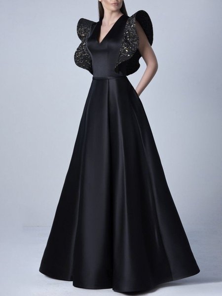 

Black Long V Neck Plain Elegant Party Dress, Maxi Dresses