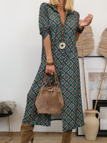 

Ethnic Shawl Collar Boho Dress, Multicolor, Dresses
