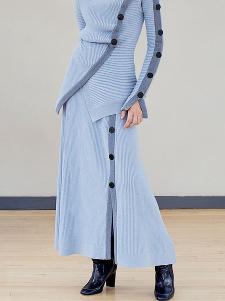 A-Line Elegant Regular Fit Midi Skirt, Blue, Knit Bottoms