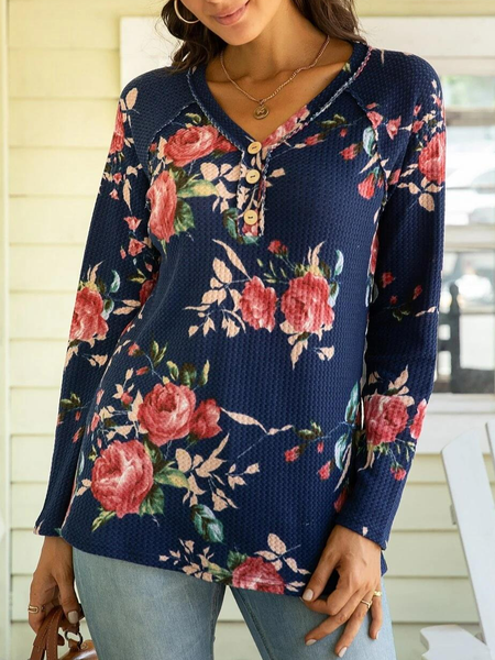 

Casual V Neck Waffle Knit Floral Print Tee, Navy blue, Tunics