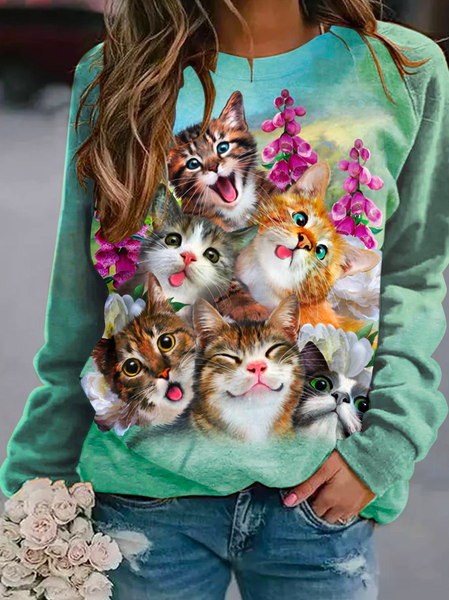 

Casual Cat Crew Neck Loose Floral Sweatshirt, Multicolor, Sweatshirts & Hoodies