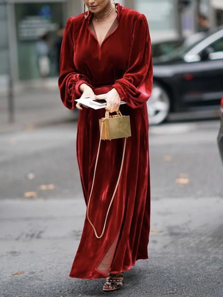 

Loose Elegant Plain Long Sleeve Maxi Party Dress, Red, Maxi Dresses