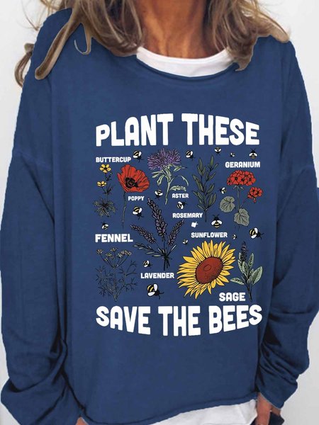 

Women's Save The Bees Floral Botanical Loose Text Letters Simple Sweatshirt, Dark blue, Hoodies&Sweatshirts