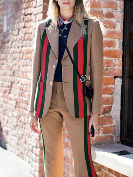 

Long sleeve Striped Lapel Collar Urban Regular Fit Blazer, Khaki, Blazers