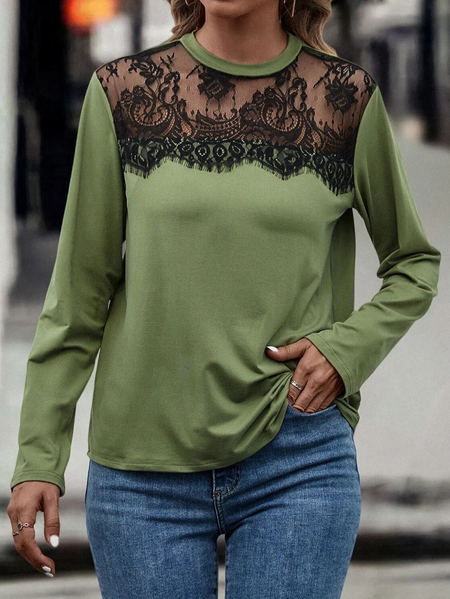 

Plain Lace Cotton-Blend Regular Fit Casual T-Shirt, Green, Tops