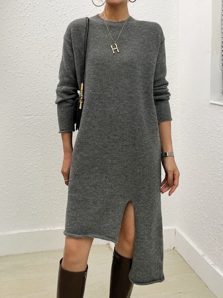 

Long sleeve Simple Crew Neck Loose Dress, Gray, Midi Dresses