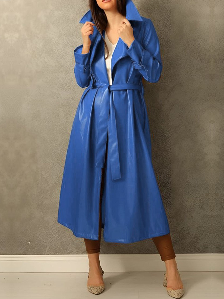 

Plain Urban Loose Lapel Collar Long sleeve Mid-long Trench Coat, Blue, Coats