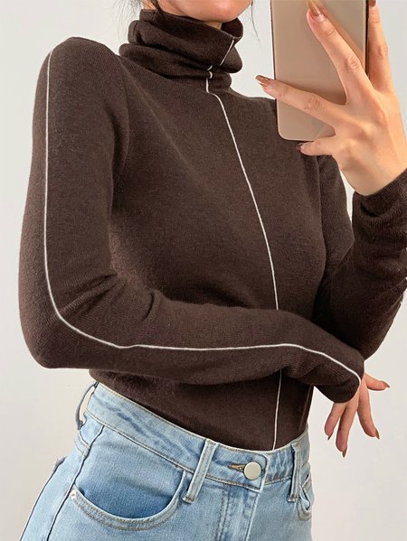 

Turtleneck Regular Fit Plain Sweater, Coffee, T-Shirts