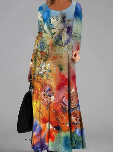 

Floral Crew Neck Casual Loose Dress, Multicolor, Dresses