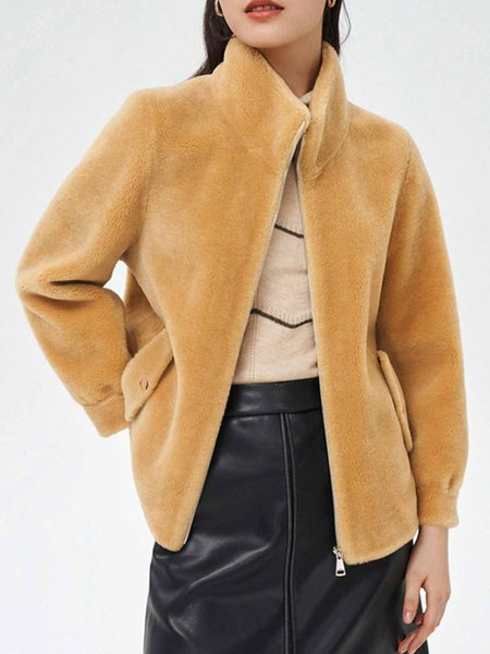 

Urban Loose Plain Long Sleeve Turtleneck Teddy Jacket, Yellow, Cardigans