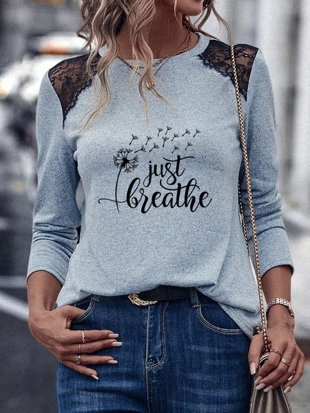 

Lace Cotton-Blend Plain Casual T-Shirt, Gray, Tops