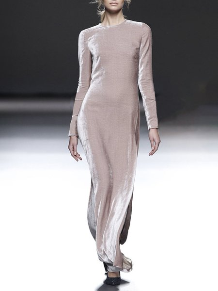 

Long sleeve Crew Neck Velvet Plain Elegant Party Dress, Pink, Maxi Dresses