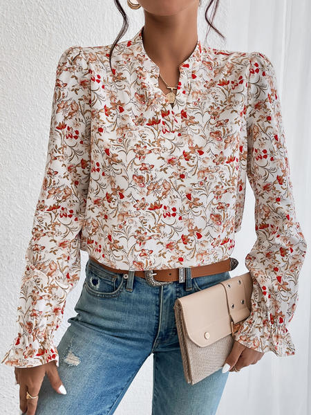 

Floral Stand Collar Casual Top, Red, Shirts & Blouses