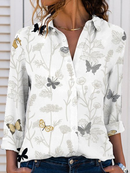 

Regular Fit Butterfly Shawl Collar Casual Blouse, White, Shirts & Blouses
