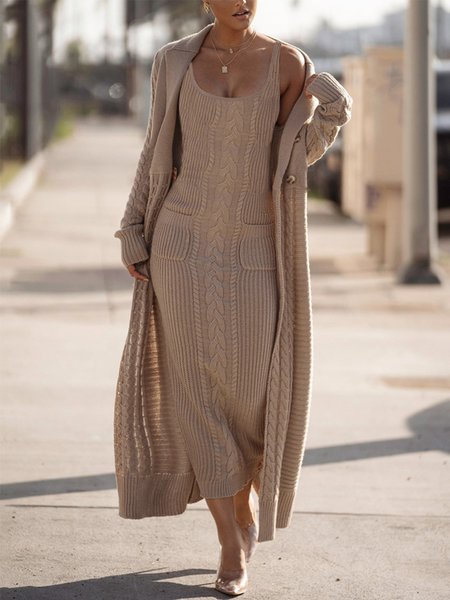 

Loose Elegant Plain Sweater Long Sleeve Coat, Khaki, Cardigans