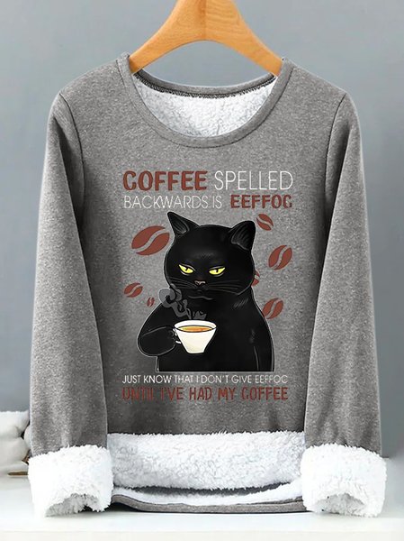 

Women's Coffee Spelled Backwards Is Eeffoc Funny Black Cat Graphic Print Warmth Fleece Sweatshirt, Gray, Hoodies&Sweatshirts