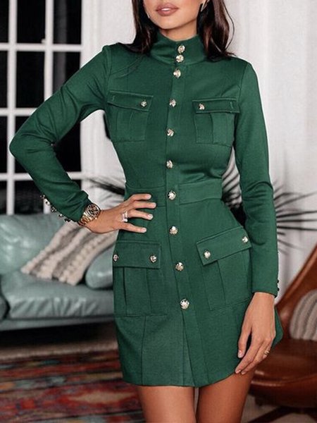 

Long sleeve Regular Fit Stand Collar Plain Urban Jacket, Green, Jackets