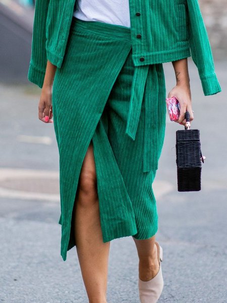 

Corduroy Plain Urban Slit Skirt, Green, Skirts