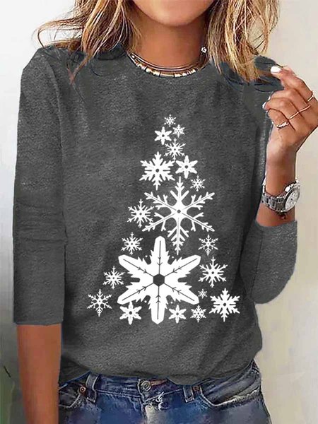 

Women's Regular Fit Christmas Tree Simple Crew Neck Long Sleeve Top, Gray, Long sleeves