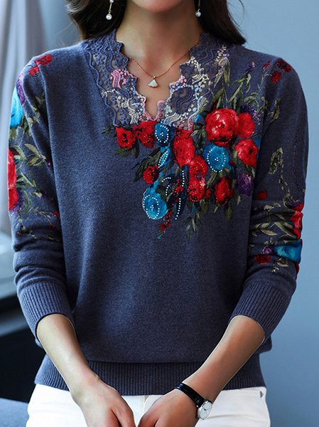 

Floral Casual V Neck Regular Fit Top, Blue, Tops