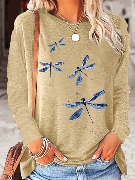 

Women's dragonfly Print Crew Neck Casual Top, Apricot, Long sleeves