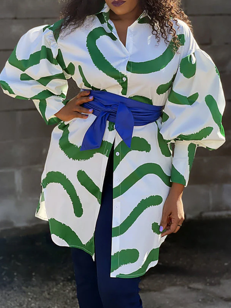 

Geometric Loose Urban Shirt Collar Long sleeve Blouse, Green, Blouses and Shirts