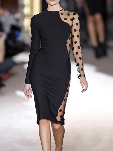 

Elegant Tight Polka Dots Long Sleeve Knee Party Dress, Black, Mini Dresses