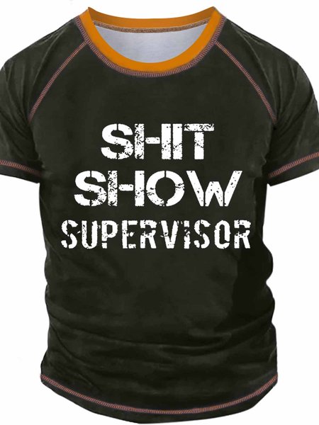 

Men's Shit Show Supervisor Text Letters Casual Regular Fit Crew Neck Raglan Sleeve T-Shirt, Green, T-shirts