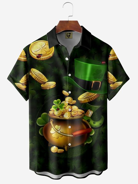 

St Patricks Day Shamrock Chest Pocket Short Sleeve Casual Shirt, Green, Men Shirts