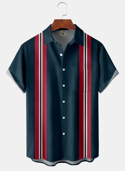 

Striped Chest Pocket Short Sleeve Bowling Shirt, Purplish blue, Men Shirts