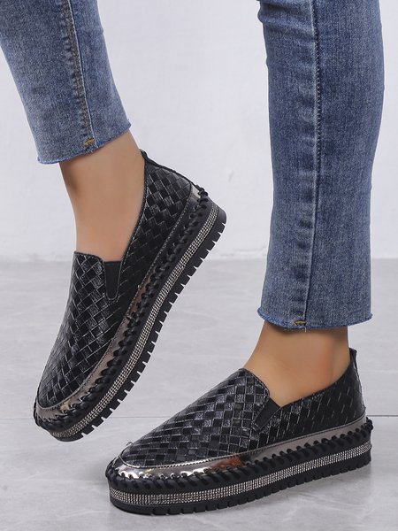 

Braided Embossed Rhinestone Comfy Sole Slip On Shoes, Black, Creepers & Wedges