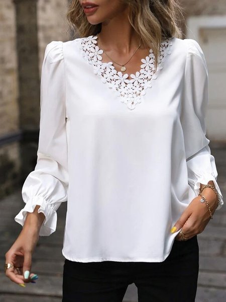 

Contrast Guipure Lace Flounce Sleeve Blouse, White, Shirts & Blouses