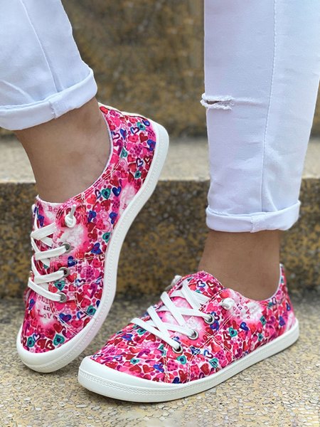 

Valentine's Day Heart Printed Casual Flat Shoes, Pink, Women Shoes