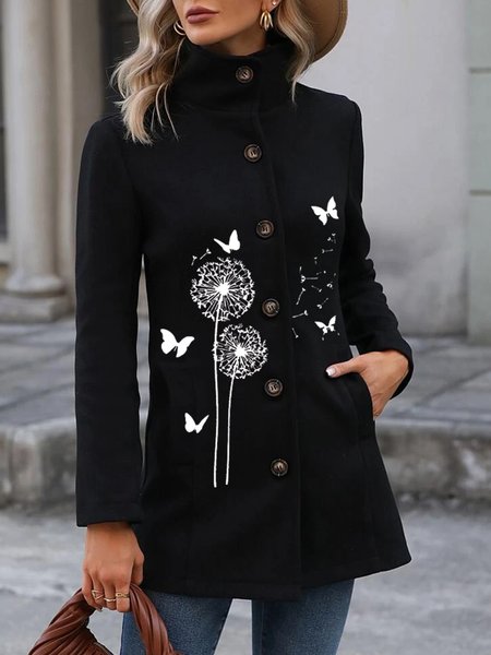 

Woolen Lapel Collar Casual Loose Dandelion Overcoat, Black, Outerwear