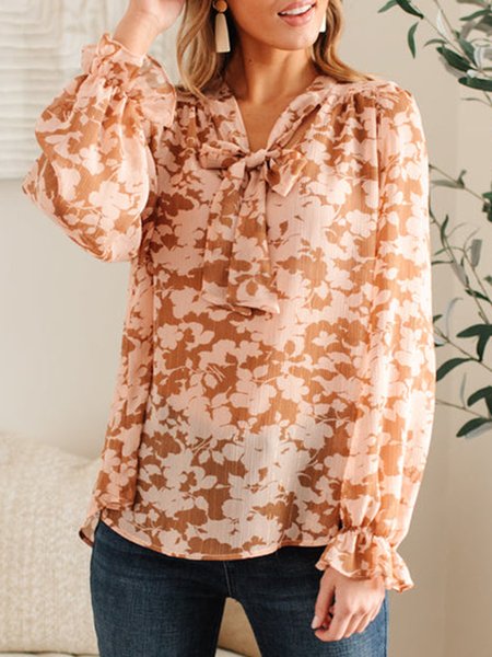 

Elegant Floral Lace-Up Top, Light orange, Tops