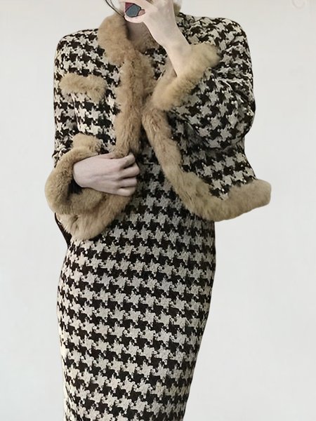 

Regular Fit Houndstooth Elegant Long Sleeve Jacket, Black-coffee, Jackets