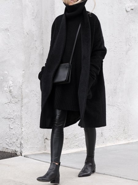 

Simple Loose Plain Long sleeve Overcoat, Black, Coats