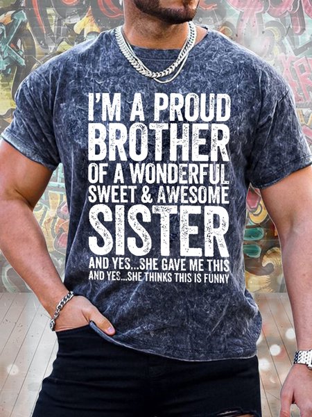 

Men's I Am A Proud Brother Of A Wonderful Sweet Awesome Sister Funny Graphic Print Casual Crew Neck Loose Text Letters T-Shirt, Dark blue, T-shirts