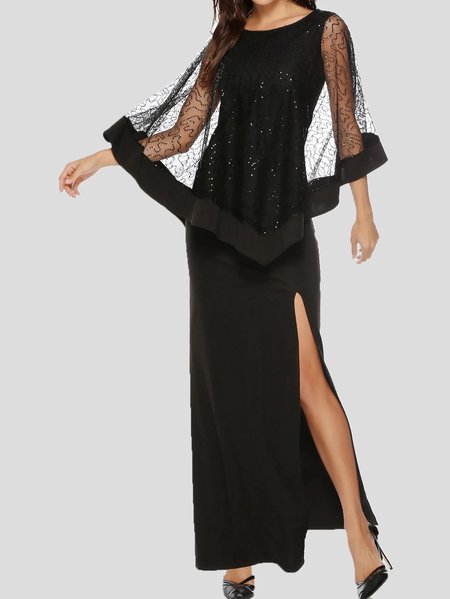 

Regular Fit Crew Neck Elegant Plain Dress & Party Dress, Black, Maxi Dresses