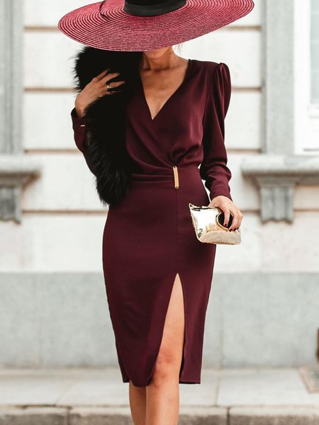 

Elegant Plain Regular Fit V neck Ruched Split Dress, Wine red, Mini Dresses
