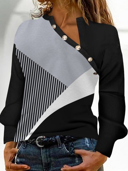 

Loose Casual Long sleeve V neck T-Shirt, Black-grey, Blouses