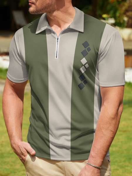 

Medieval Geometric Zip Short Sleeve Bowling Polo, Deep green, Men's t-shirts