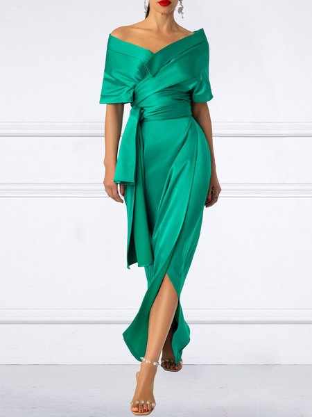 

Plain Elegant V Neck Regular Fit Split Dress Wedding, Green, Maxi Dresses