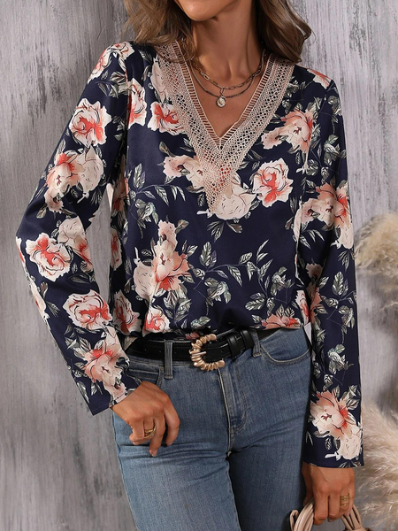 

Casual Floral Print Guipure Lace Trim Blouse, Navy blue, Tops