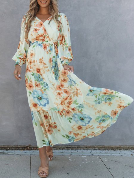 

Floral Ruched Boho Lantern Sleeve Loose Dress, Multicolor, Dresses