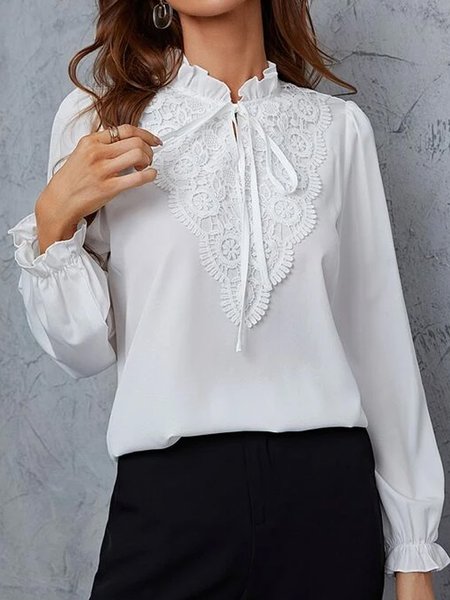 

Tie Neck Lace Trim Flounce Sleeve Blouse, White, Shirts & Blouses