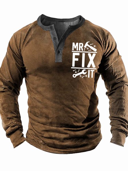 

Men’s Mr Fix It Text Letters Regular Fit Casual Top, Khaki, Long Sleeves