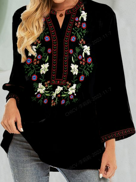 

Casual Floral Loose V Neck Top, Black, Tops