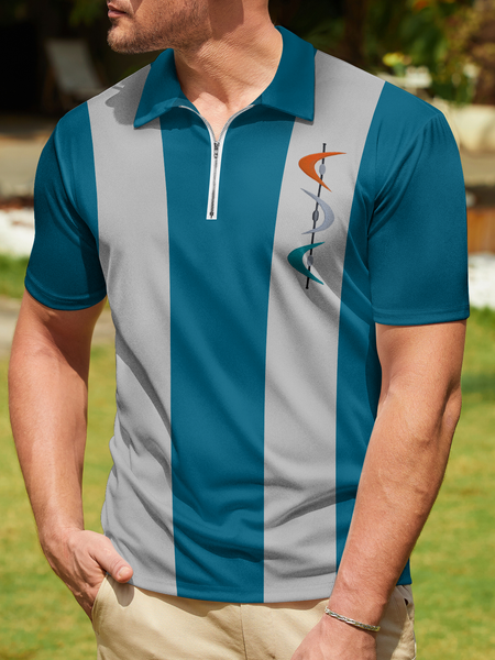 

Geometric Zip Short Sleeve Bowling Polo, Lake blue, Polo Shirts