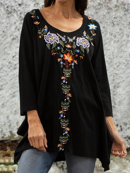 

Casual Crew Neck Floral Loose Top, Black, Tunics